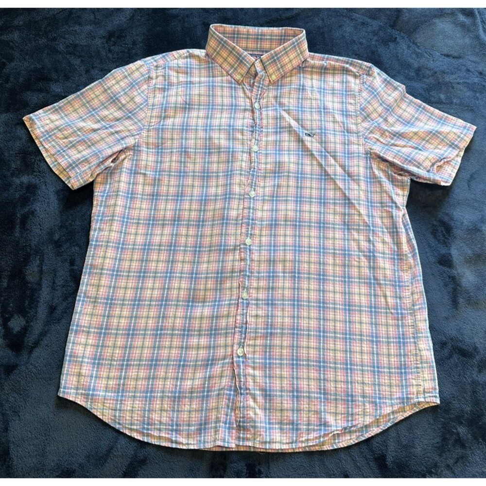 Vineyard Vines Men's L Slim Fit Whale Shirt Plaid Cotton Pink Blue Button Down